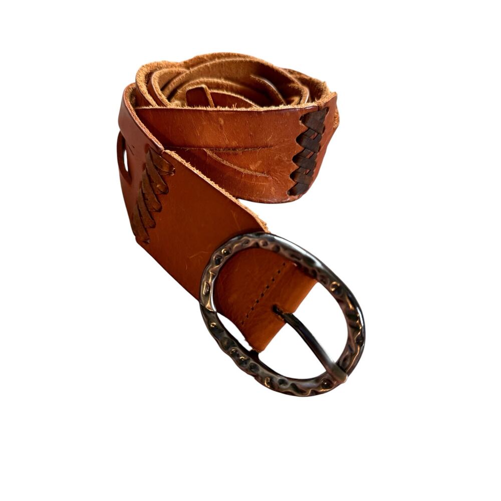 Vintage Handmade Leather Belt Braided Twist Brown Hammered Buckle 49"